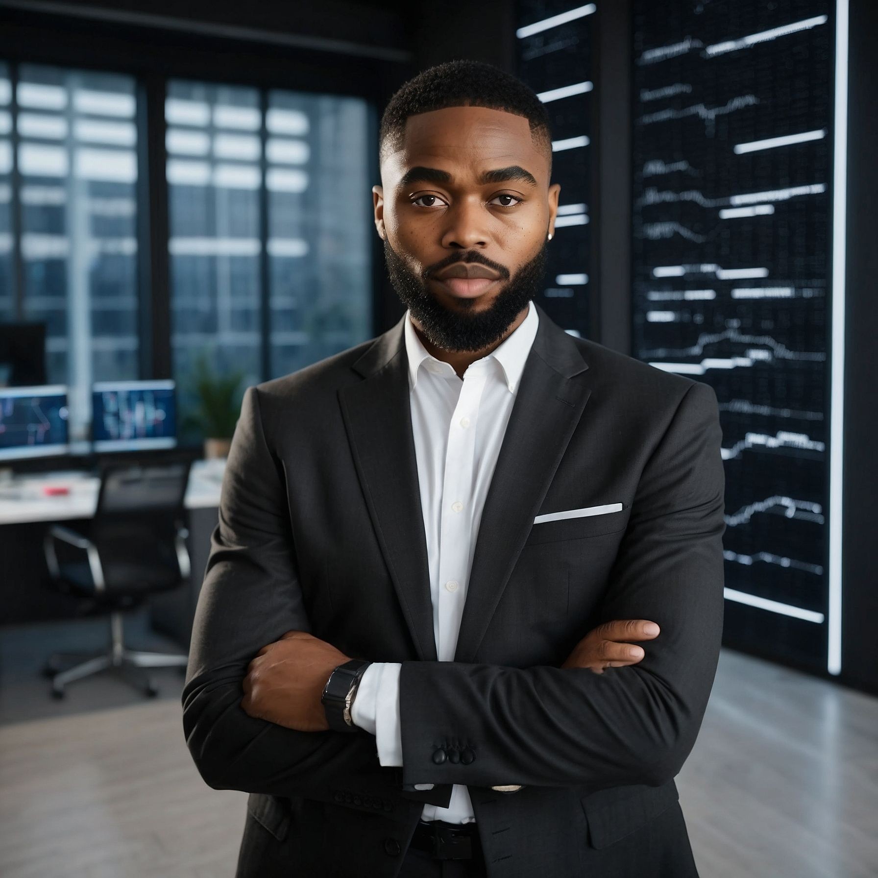 Man in a suit with crossed arms standing in a modern office with computer monitors in the background.