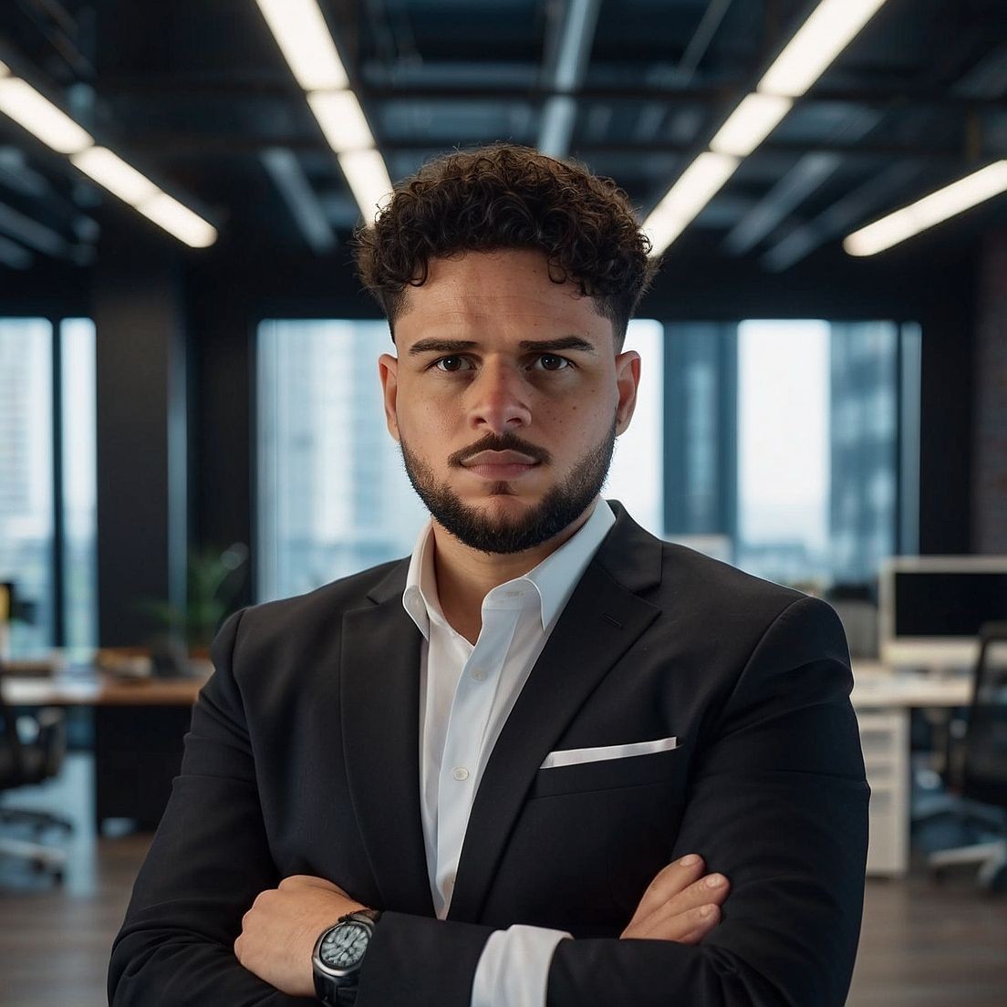 Confident man in a suit standing with arms crossed in a modern office setting.