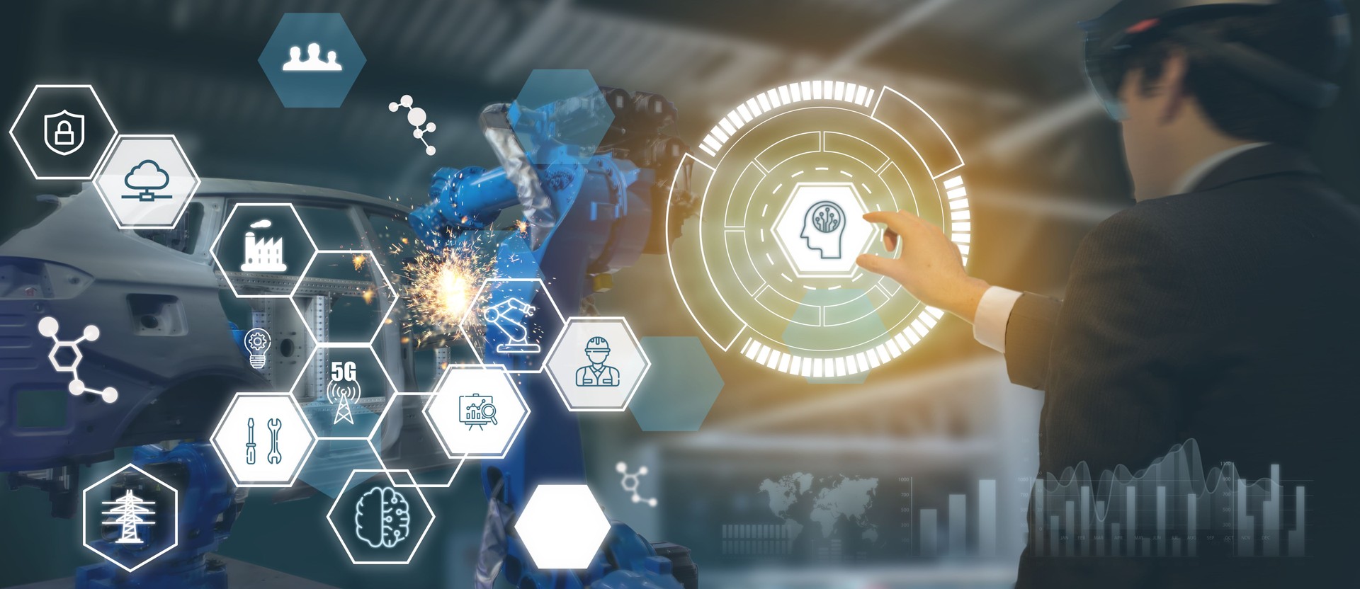 iot industry 4.0 concept,industrial engineer(blurred) using smart glasses with augmented mixed with virtual reality technology to monitoring machine in real time.Smart factory use Automation robot arm